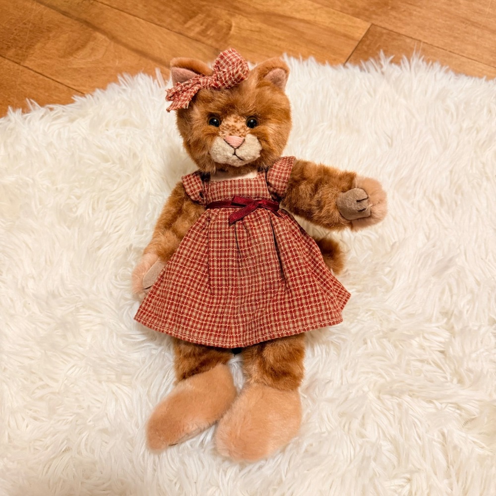 Russ Berrie Kittra Plush Cat Vintage Orange Ginger Gingham Dress Bow 9"